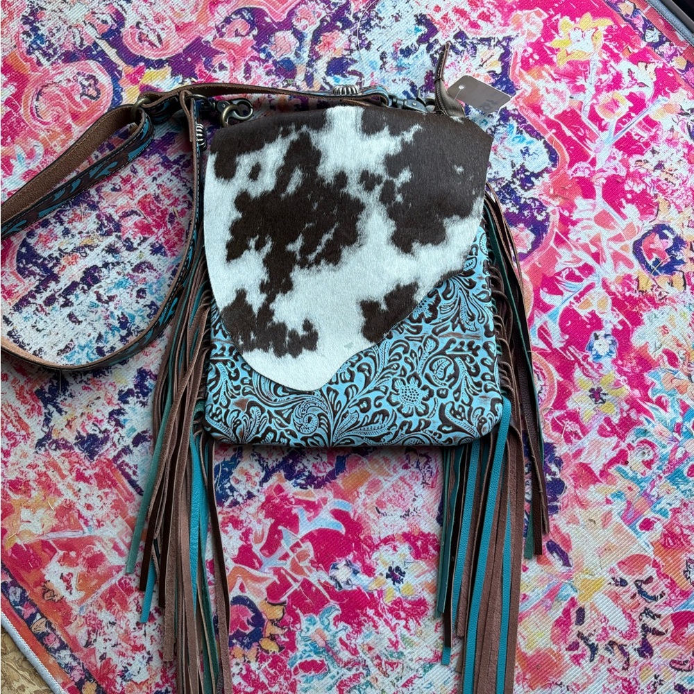 Cowhide and Turquoise Myra Fringe Bag